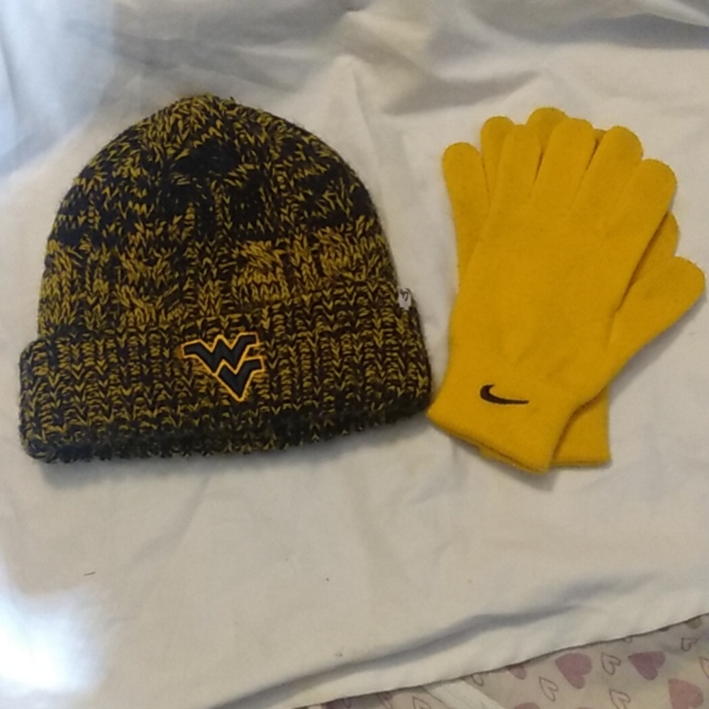 WVU not beanie with matching Nike gloves